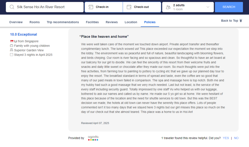 Review "Place like heaven and home" from a Singaporean guest during their stay at Silk Sense